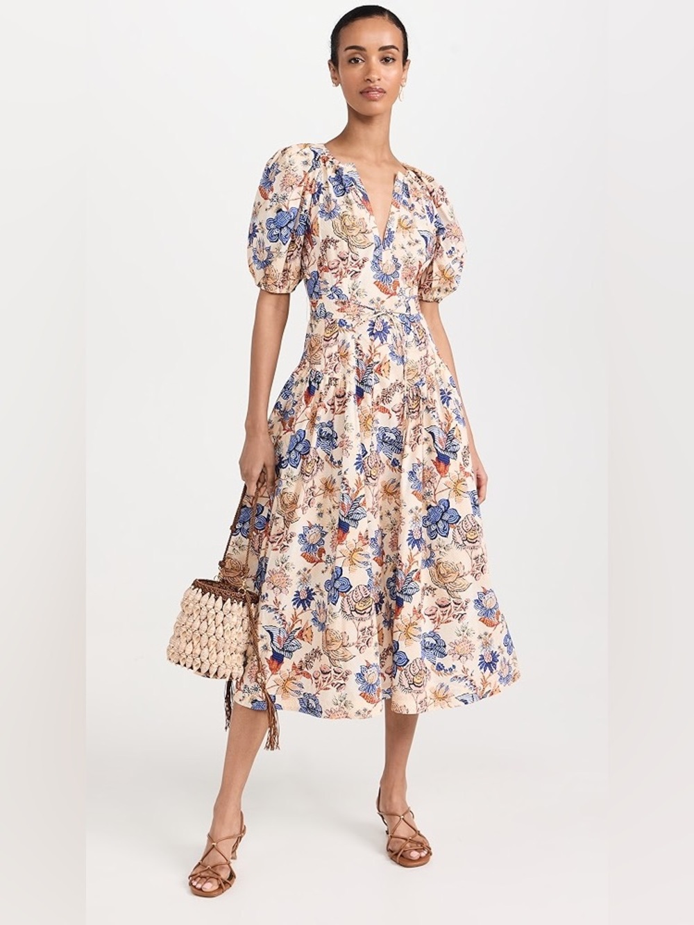 Ulla Johnson Carina Floral Cotton Midi Dress 6 Blue Pink Puff Sleeve Botanical